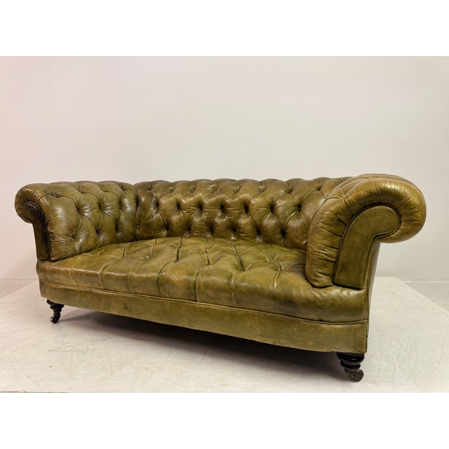 Olive Antique Chesterfield Sofa in Patinated Leather, 1890s For Sale - Image 8 of 16