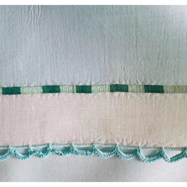 Vintage French Linen Guest Towel, Hand Crocheted Scalloped Edge Aqua Blue Linen, Drawn Thread Accent Band, Heirloom Linen Making 1930s 1940s For Sale In Philadelphia - Image 6 of 9