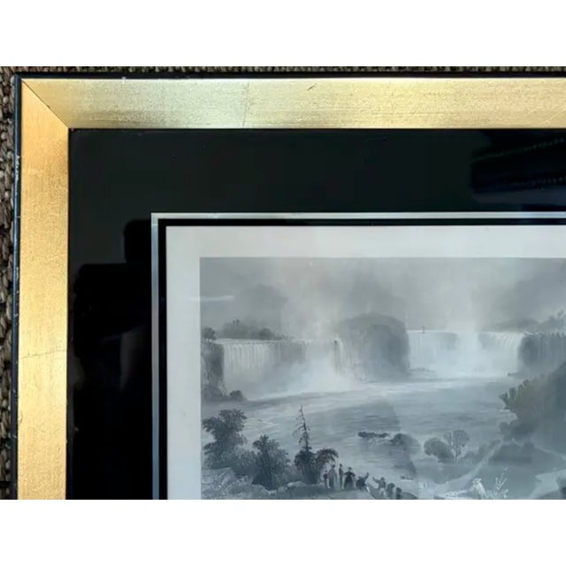 Late 19th Century 1840 Steel Engraving Titled Niagara Falls Near Clifton House in an Antique Gilt and Black Glass Frame For Sale - Image 5 of 8