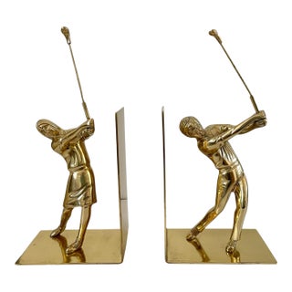 Vintage MCM Solid Brass Gatco Golfer Book Ends Sculpture Figure Rare For Sale