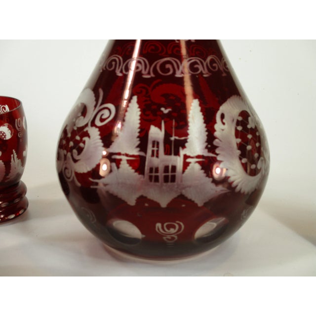 Early 20th Century Bohemian Decanter 6 Liquor Tumblers Red Glass Hand Wheel Engraved Czech For Sale - Image 4 of 11