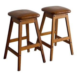 Vamdrup Stolefabrik Teak and Leather Bar Stools Set of 2 Danish Mid-Century Modern 1970s For Sale