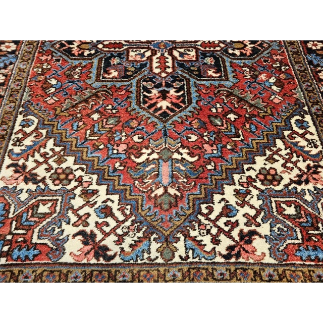 Red Vintage Heriz Area Rug, Handwoven Geometric Pattern, Red & Navy, 5’ X 7’ For Sale - Image 8 of 11