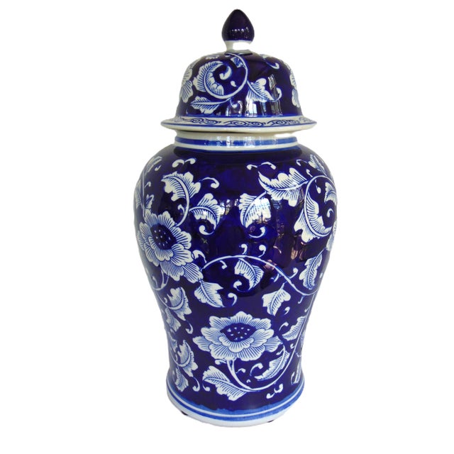 Blue and White Porcelain Climbing Vine Lidded Vase 18"h For Sale - Image 4 of 7