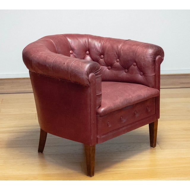 Red Swedish Red-Brown Leather Chesterfield Armchair, 1930s For Sale - Image 8 of 12
