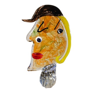 Handblown Glass Head Picasso Style Face Sculpture Paperweight Unique Face Picasso Style Art Glass Head Sculpture For Sale