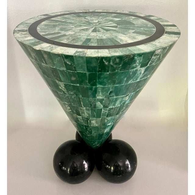 Modern Tessellated Malachite Cone Shape Table with Black Marble Tessellated Sphere Legs For Sale - Image 3 of 12