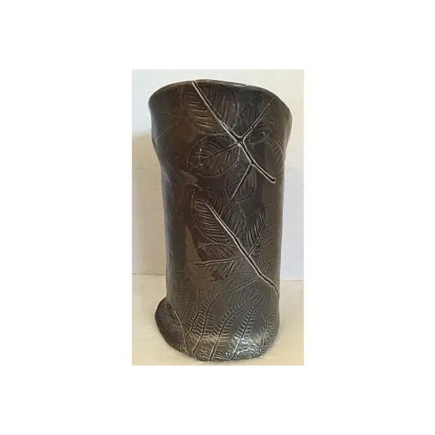 Dark Gray Vase with Leaf Design For Sale - Image 4 of 7