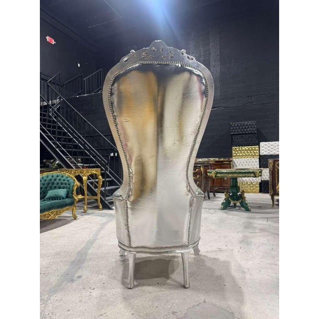 French Throne Chair – Silver Leather High-Back For Sale In Miami - Image 6 of 9