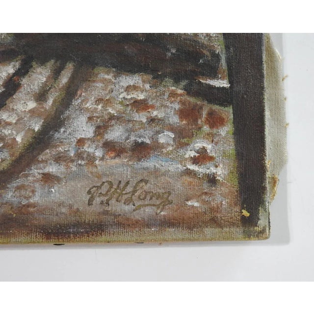 1950s 1956 Tonal Folk Art Winter Forest Landscape Painting For Sale - Image 5 of 8