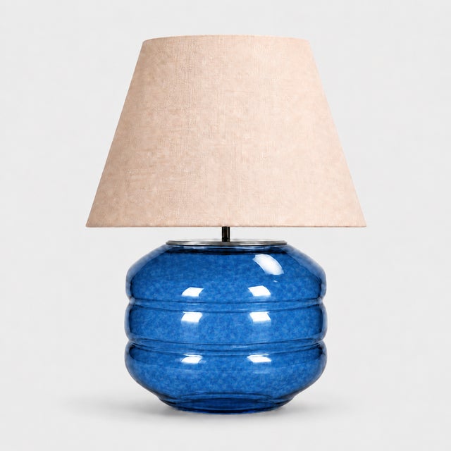 Hand-Blown Glass Table Lamp with Linen Shade in Azure by Svitanok For Sale - Image 4 of 4