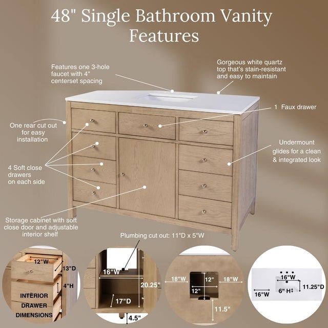 Tan Nora 48 in. W Quartz and Wood Single Sink 8 Drawer Bathroom Vanity Set, Light Oak For Sale - Image 8 of 12