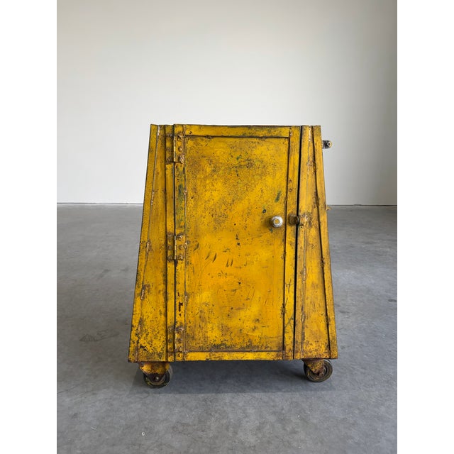 Rustic Vintage Industrial Yellow Metal Rolling Cabinet Cart For Sale - Image 3 of 12