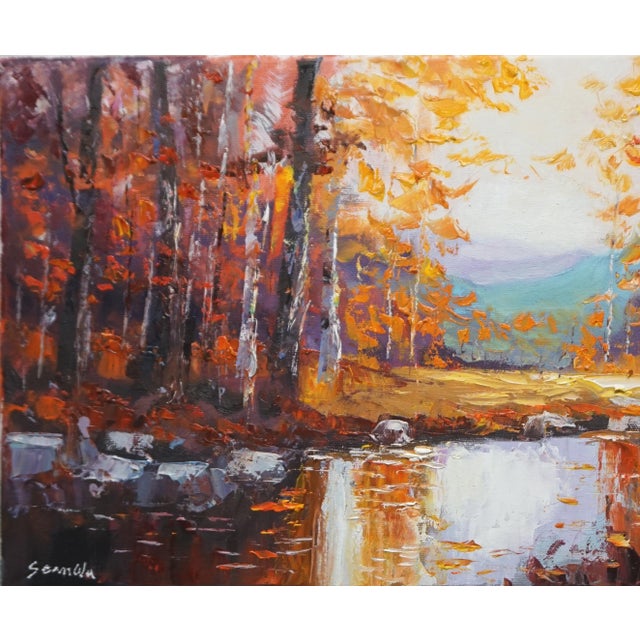Impressionist Original Oil Landscape, Forest Stream in Autumn Scenery For Sale - Image 3 of 5