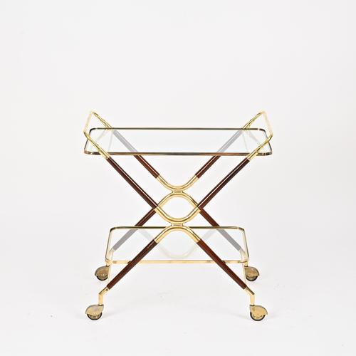 Gold Mid-Century Modern Bar Cart in Brass and Wood by Cesare Lacca, Italy, 1950s For Sale - Image 8 of 14
