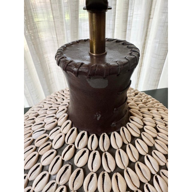 South Pacific Cowrie Shell Encrusted Table Lamps Ikat Style Shades - A Pair For Sale - Image 11 of 12