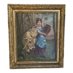 19th Century Oil on Canvas, Painting of a Cow and a Maiden Holding a Container