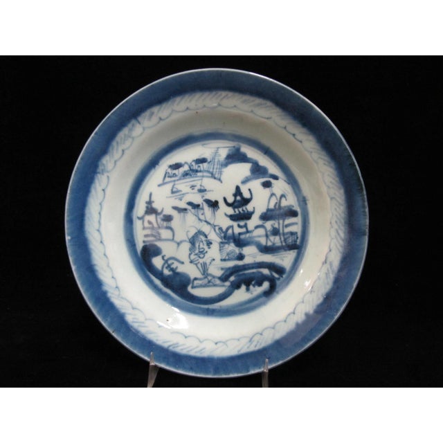 Antique Chinese Canton blue & white porcelain shallow soup bowl set of 4. Each showing village scene hand painted under...