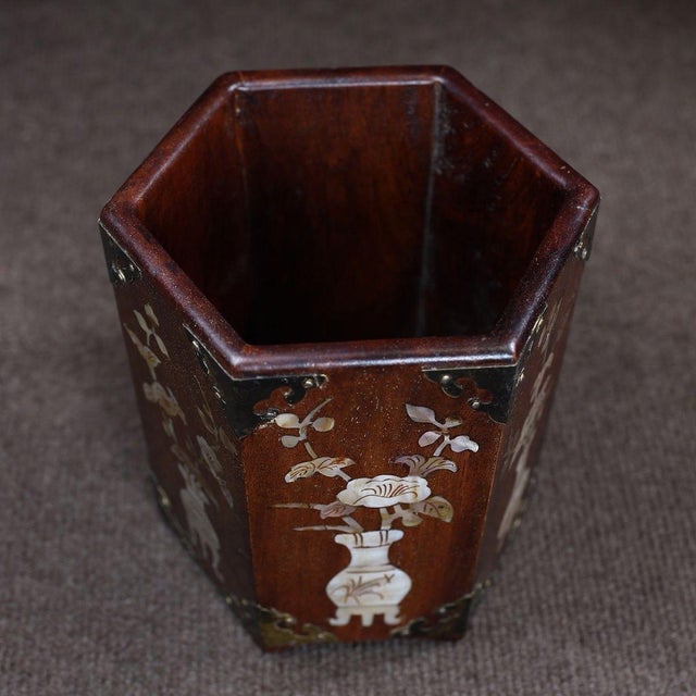 Traditional Huali Rosewood Hexagonal Brush Pot Inlaid With Mother-of-Pearl For Sale - Image 3 of 10