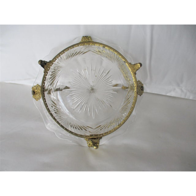 1900 - 1909 Antique 1900s Gold Ornate Metal Frame and Crystal Bowl Star Bust Pattern Brides Basket For Sale - Image 5 of 9