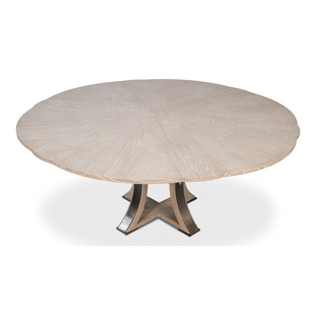Transitional Round Dining Table, Medium - Grey Oak With Hammered Iron Accents For Sale - Image 9 of 11