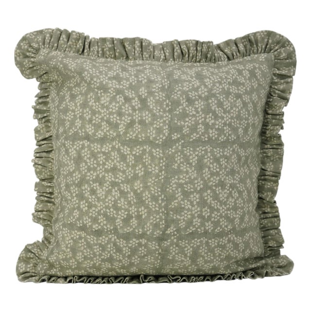 Fabdivine Elegant Block Printed Frill Cushion Cover Green 18x18 Inch Thick Linen- Ola Vrishti For Sale