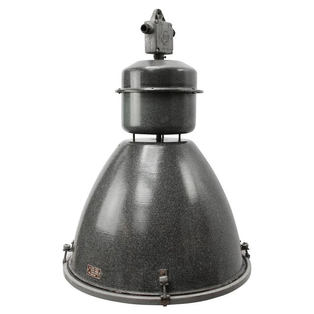 1950s Large Vintage Industrial Gray Enamel and Glass Pendant Lamp For Sale - Image 5 of 5