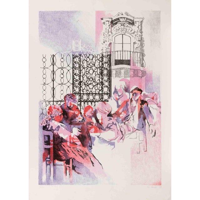 Lithograph on paper realized by Mario Bardi in 1979. Hand signed and numbered in pencil. Edition of 99. Very good...