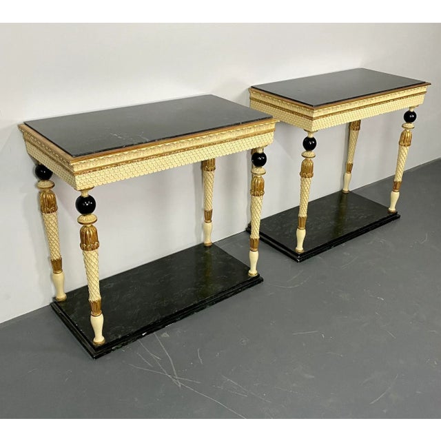 Pair of Maison Jansen Console Tables, Neoclassical, Marble Top, Paint Decorated Pair of Maison Jansen Console Tables,...