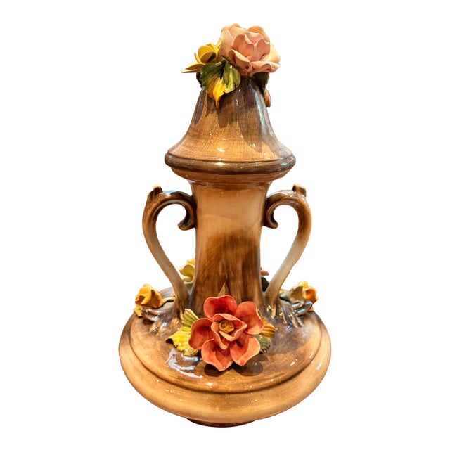 Vintage Capodimonte Italian Porcelain Lidded Urn Vase With Hand-Applied Roses - Made in Italy For Sale