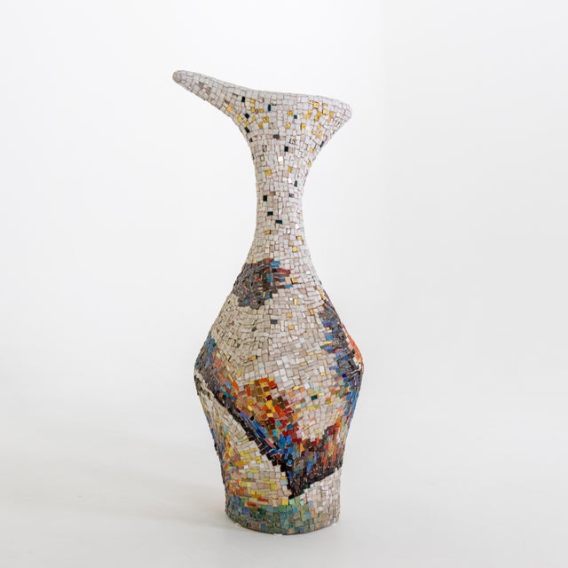 Large decorative Italian Modernist floor vase with colorful mosaic tile work.