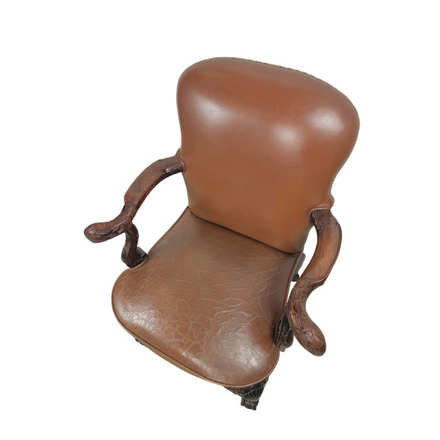 Vintage Maitland-Smith Carved Wood & Brown Leather Armchair For Sale - Image 15 of 18