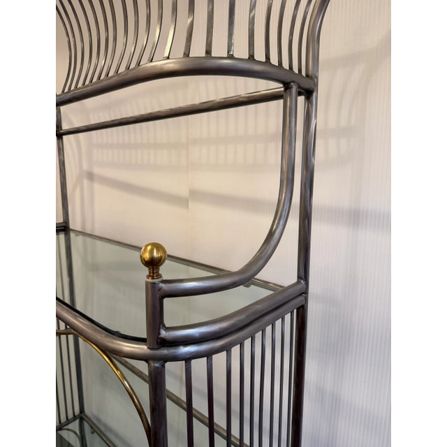 Baker's Rack Art Deco Brushed Steel + Brass For Sale - Image 9 of 12