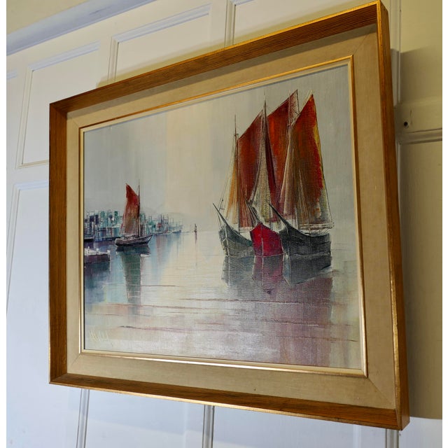 Modern Yachts in Harbour, 1970s, Oil on Canvas, Framed For Sale - Image 3 of 8