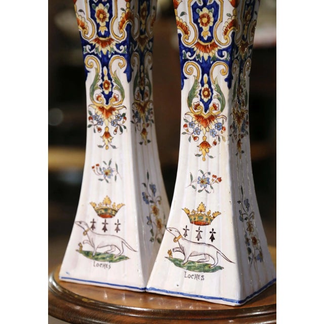 Pair of 19th Century French Hand-Painted Faience Trumpet Vases For Sale - Image 4 of 11