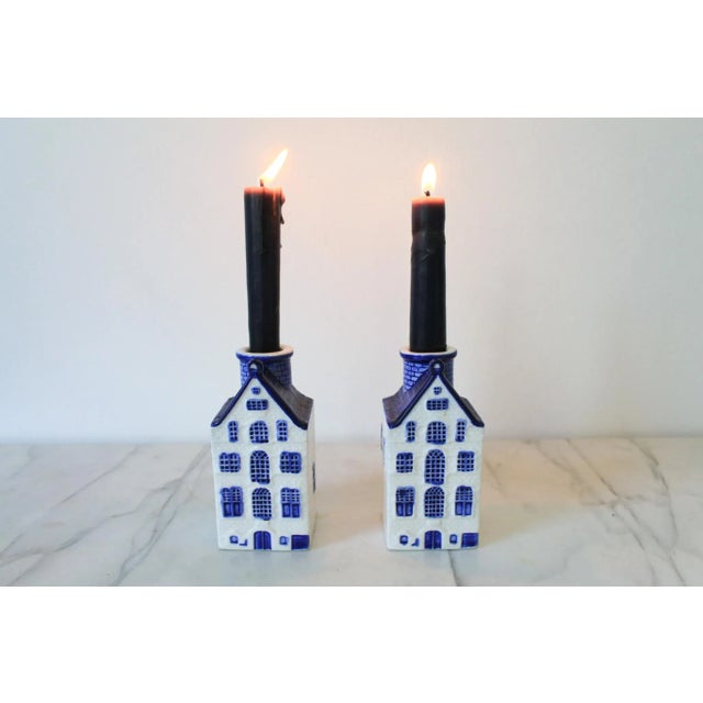 Farmhouse Vintage Blue and White Ceramic House Candle Holders - a Pair For Sale - Image 3 of 9