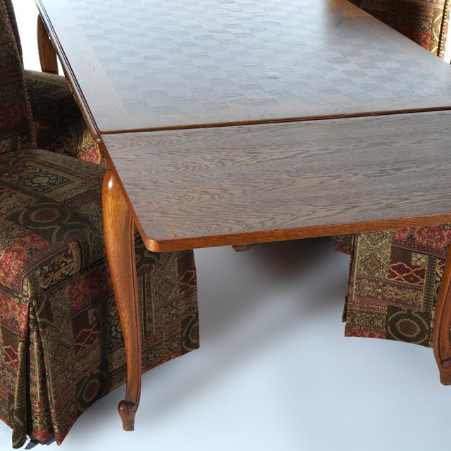Set of 5 French Louis XV Style Oak Parquetry Draw-Top Dining Table & 4 Tall Back Chairs For Sale - Image 6 of 12