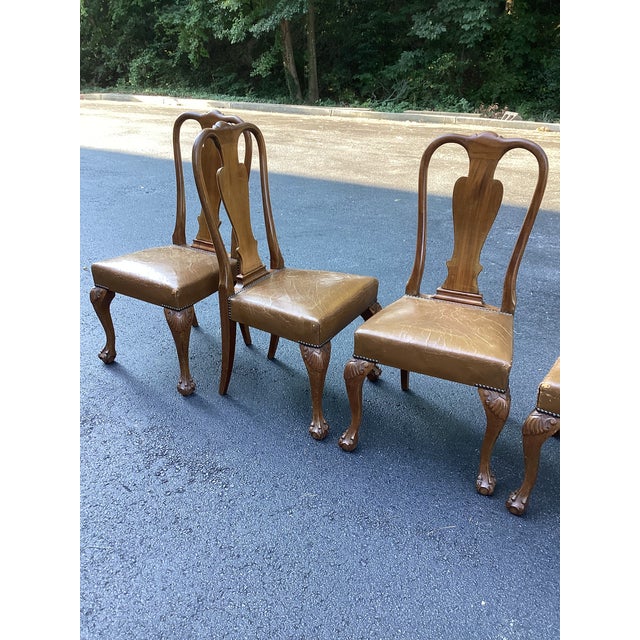 Queen Anne Set of 6 Vintage Queen Anne Style Dining Chairs in Distressed Leather For Sale - Image 3 of 8