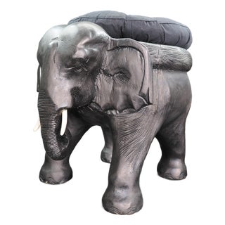 1970s Carved Solid Wood Black Indian Elephant Footstool With Cushion For Sale