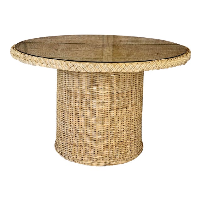 Organic Modern Coastal Rattan Braid Dining Table by Wicker Works For Sale