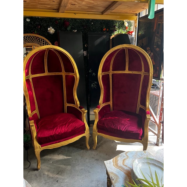 1970s Pair of Gold Trim Red Baroque Porters Chairs For Sale - Image 9 of 12