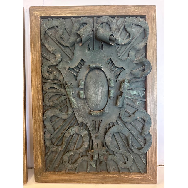 Striking pair of framed vintage architectural fragments from a Boston Building having marvelous verdigris patina and...