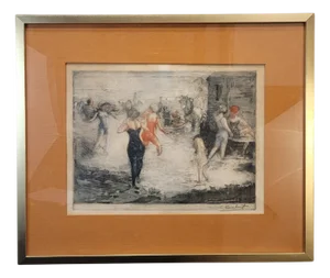 Clement Lambert, Gouache Day at the Beach, 1890s, Paper, Framed