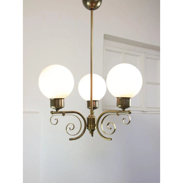 Wood Vintage Italian Brass and Opaline Chandelier For Sale - Image 7 of 15