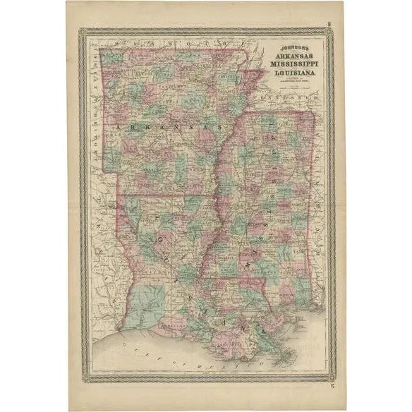 Late 19th Century Antique Map of Arkansas, Mississippi and Louisiana by Johnson, 1872 For Sale - Image 5 of 5