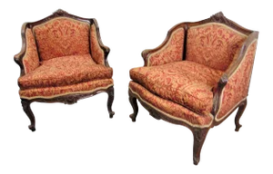 19th C Louis XV Carved Walnut Bergeres - a Pair