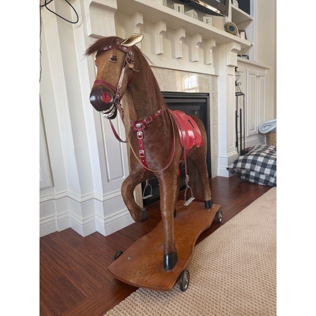 Vintage Horsehide Hobby Horse Sculpture on Rolling Platform - Likely Nikolaus Klein, Chicago, C. 1930's-40's For Sale - Image 4 of 4