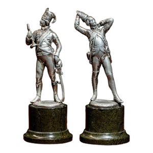 Rare Pair Solid Bronze Silver Gilt Antique Statue Sculpture Prussian Grenadier Soldier Marble Bases Militaria Home Decor