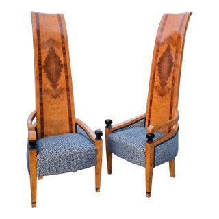 Pair of Vintage Art Deco Style Burl Right/Left High Back Chairs For Sale