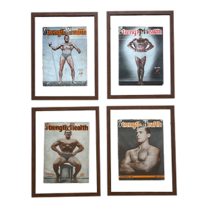 Framed 1940s “Strength & Health” Magazine Covers – Art Deco Bodybuilding Beefcake Photography in Solid Wood Floating Frames Set of Four